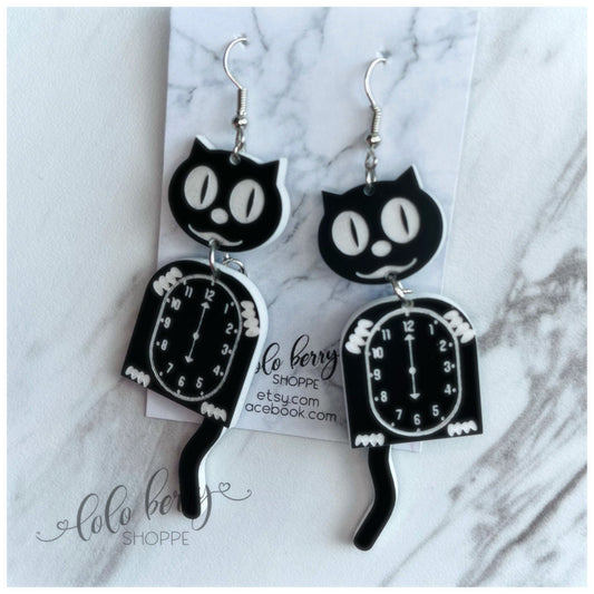 black cat earrings, Kit cat Klock earrings, cat clock earrings, dangle cat earrings, tiktok cat earrings