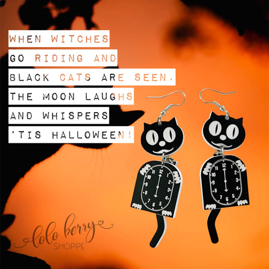 black cat earrings, Kit cat Klock earrings, cat clock earrings, dangle cat earrings, tiktok cat earrings