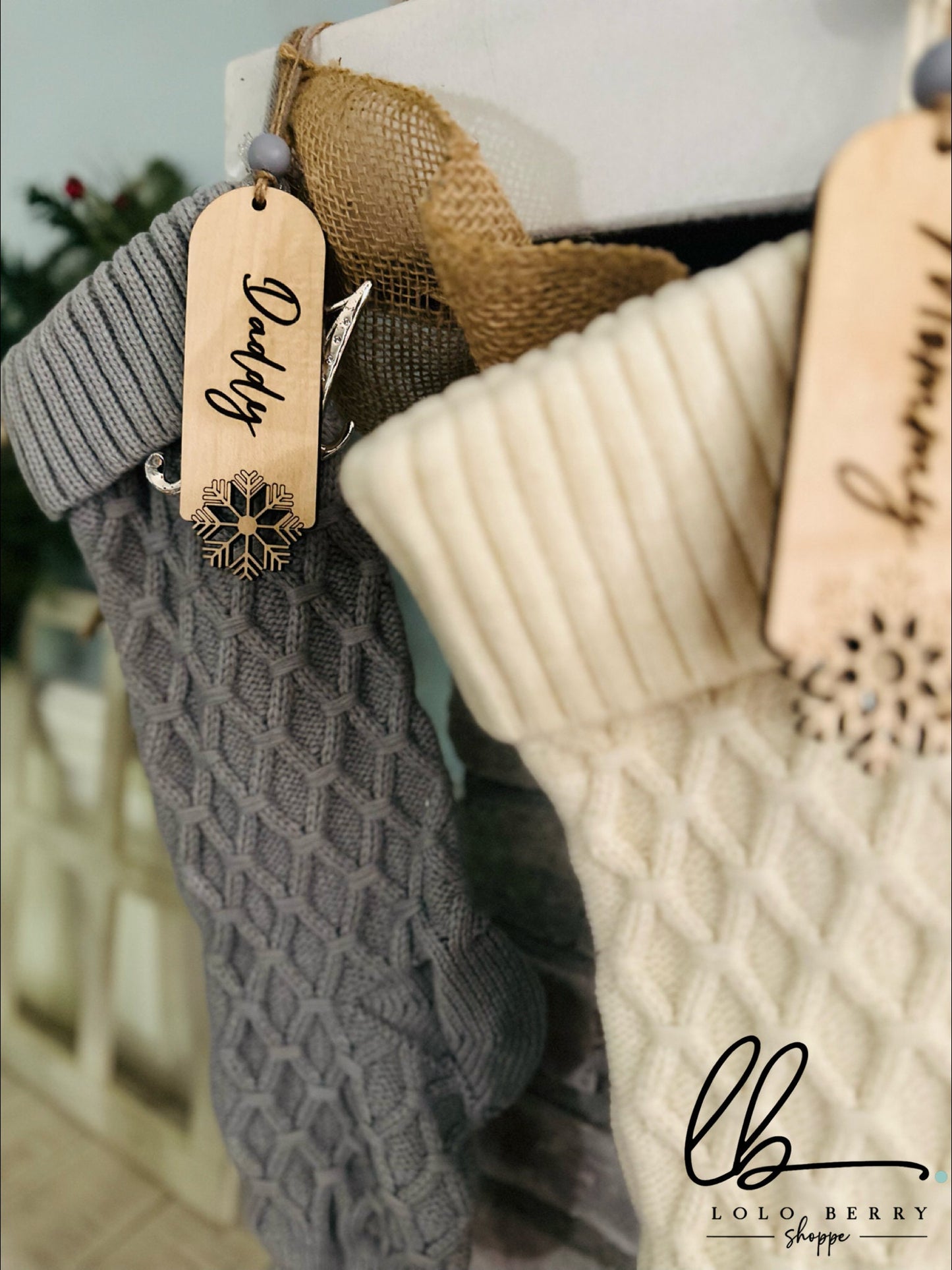 Christmas Stocking Name Tag, Holiday Tags, Kid's stocking Tags, Mantel Decor, Snowflake Name tags for Stockings